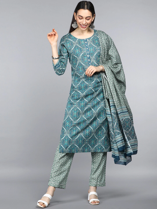 Women Teal Ethnic Cotton Kurta Set