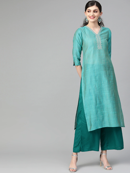Women Teal Green Self-Striped Straight Kurta