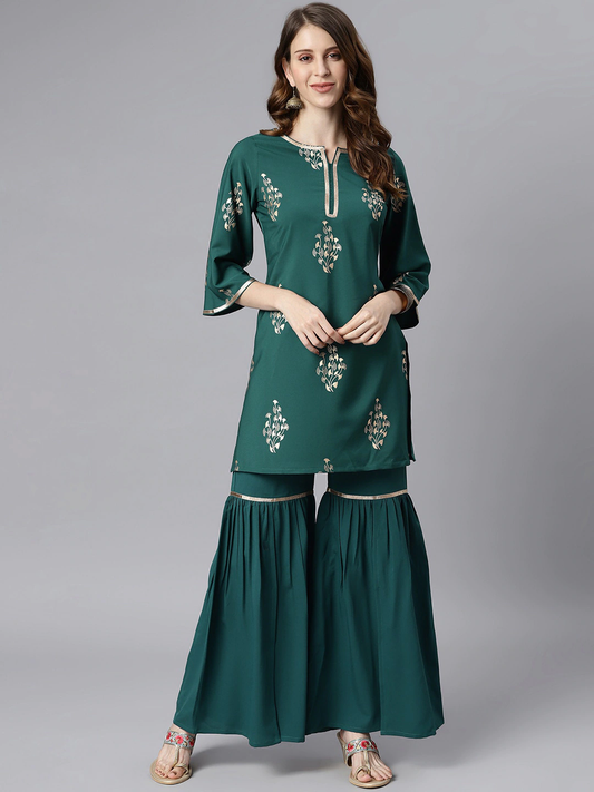 Women Teal Green Motifs Printed Kurta Set