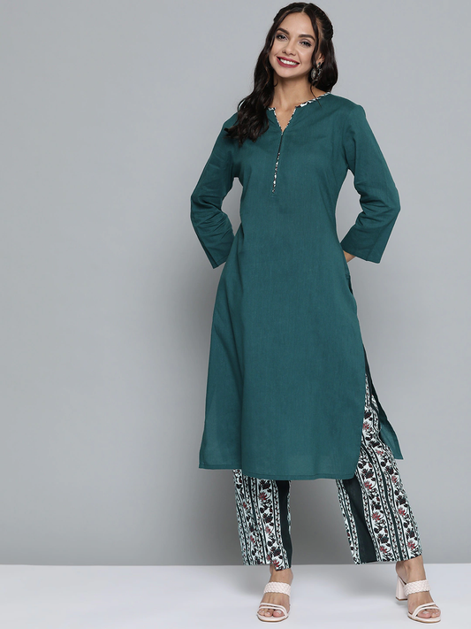 Women Teal Green & White Pure Cotton Kurta Set