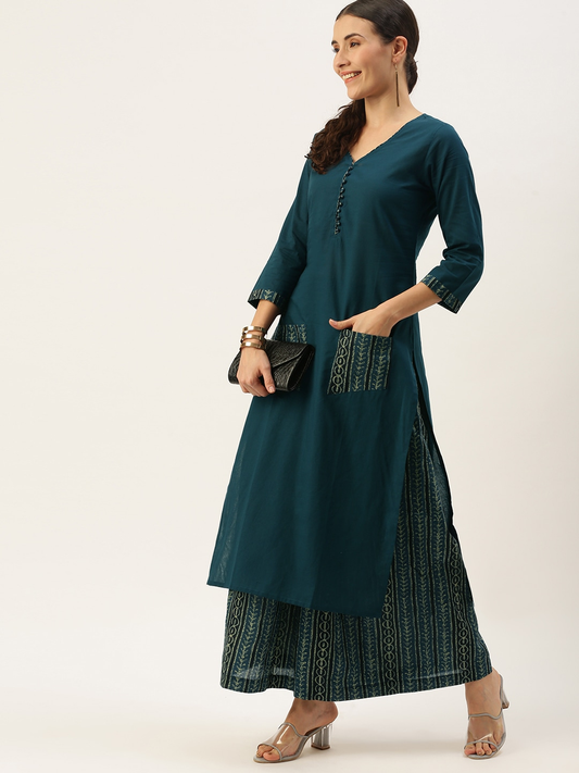 Women Teal Regular Pure Cotton Kurta Set