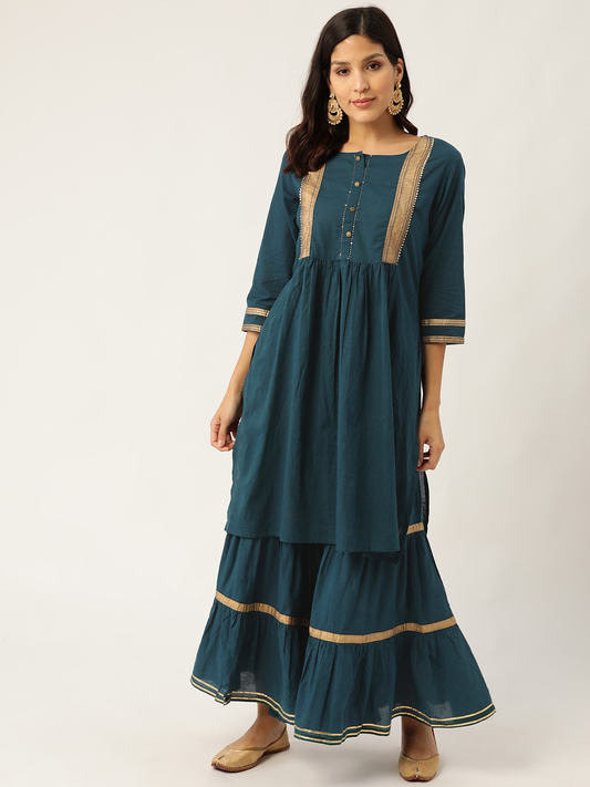 Women Teal Blue Kurta with Sharara