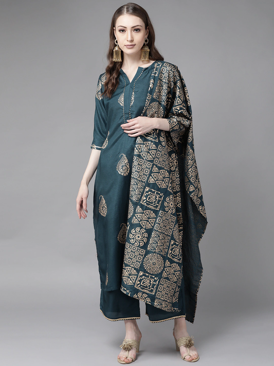 Women Teal & Golden Printed Kurta Set