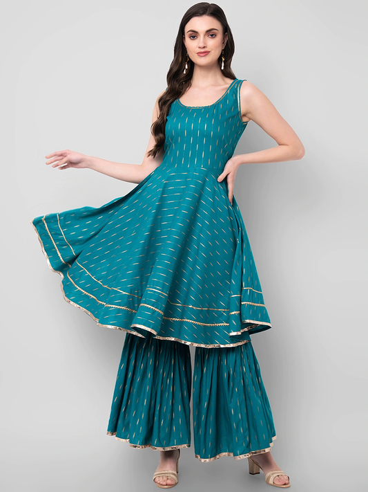 Women Teal & Golden Printed Kurti Sharara Set