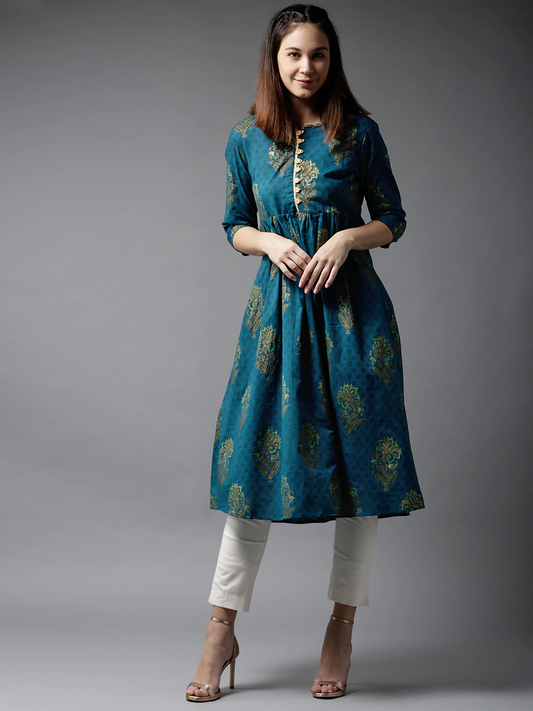 Women Teal & Green Printed A-Line Kurta