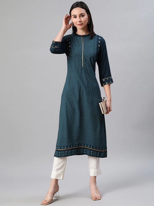 Women Teal & Off-White Kurta Set