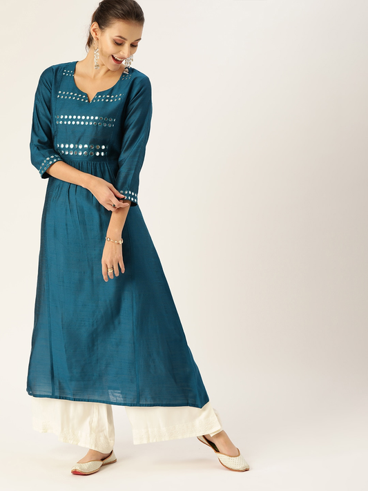 Women Teal & Silver-Toned Kurta