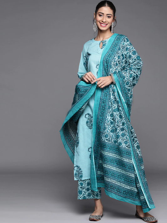 Women Turquoise Blue Pure Cotton Kurta Set