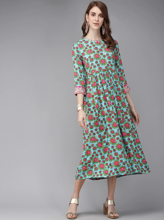 Women Blue & Pink Print A-Line Dress