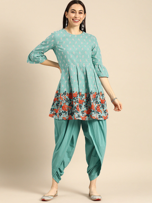 Women Turquoise Blue Kurti Dhoti Set