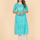 Women Turquoise Embroidered Cotton Kurta