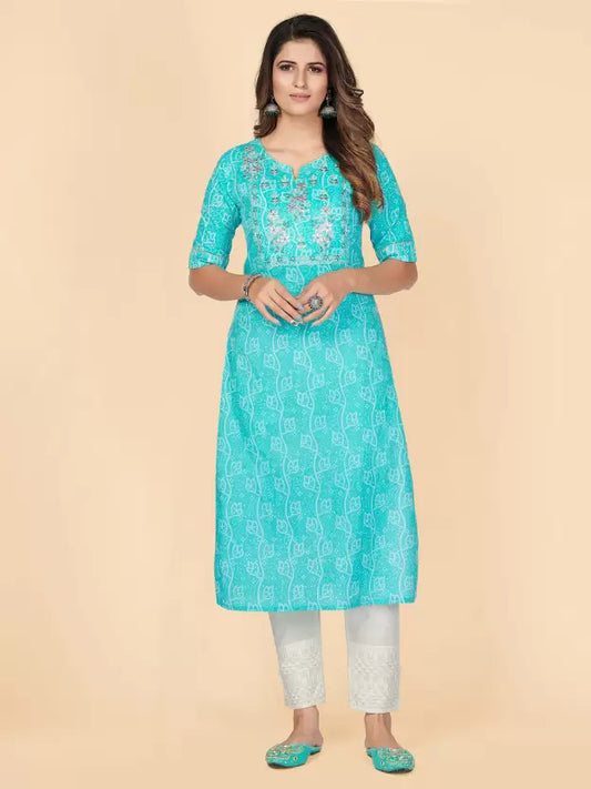 Women Turquoise Embroidered Cotton Kurta
