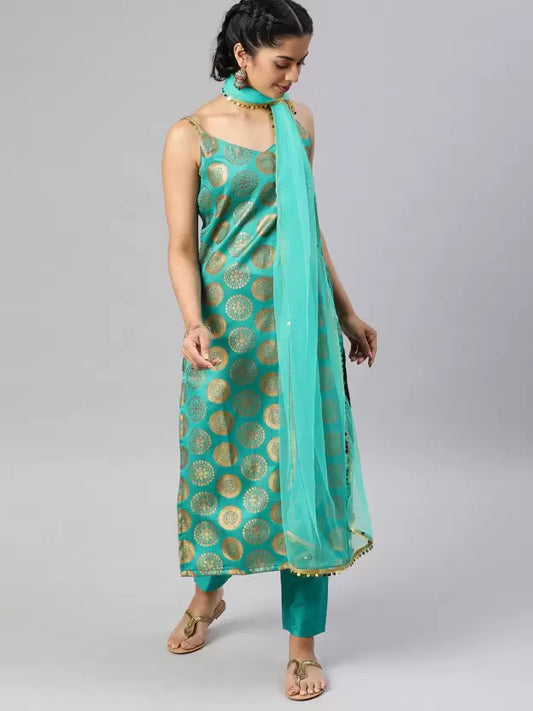Women Turquoise Silk Blend Kurat Set