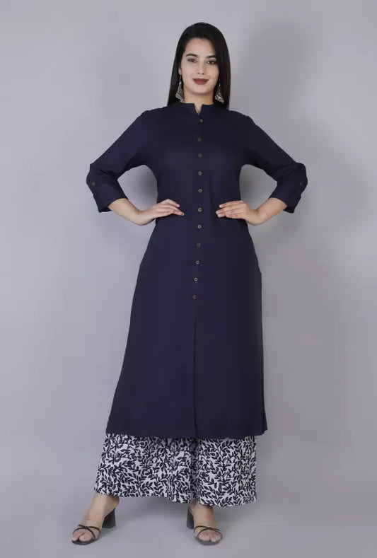 Women Viscose Rayon Blue Kurta set with Palazzo pants