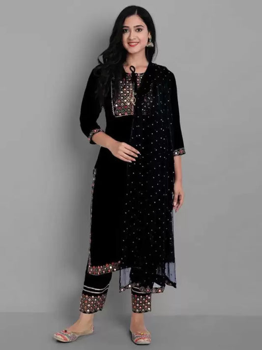 Women Viscose Rayon Embellished & Embroidered Black Kurta set