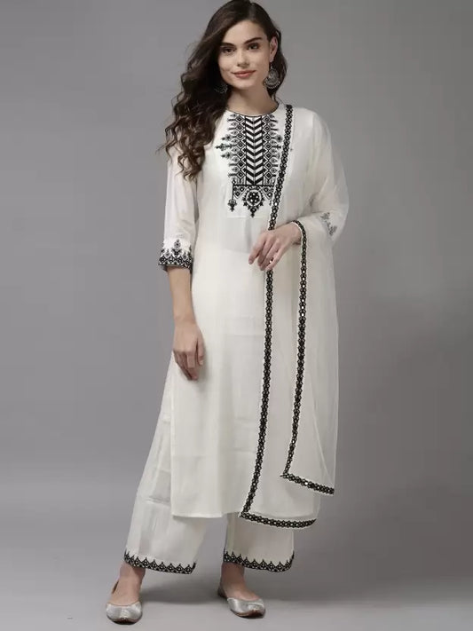 Women Viscose Rayon White Kurta set with Dupatta