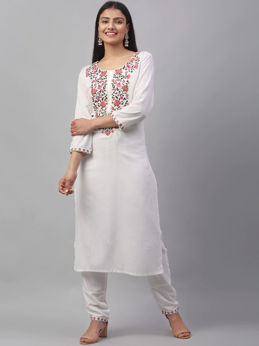 Women White Embroidered Kurta Set