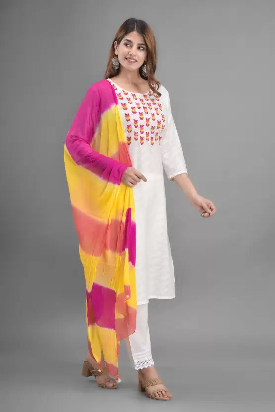 Women White Embroidered Viscose Rayon Kurta set with colorful Dupatta