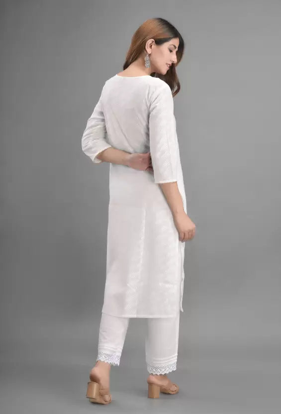 Women White Embroidered Viscose Rayon Kurta set with colorful Dupatta