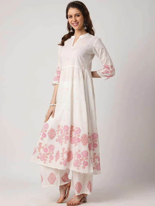 Women White Floral Printed Kurta with Palazzos