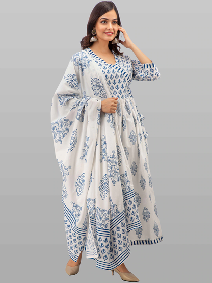 Women White Floral Printed Pure Cotton Kurta Set