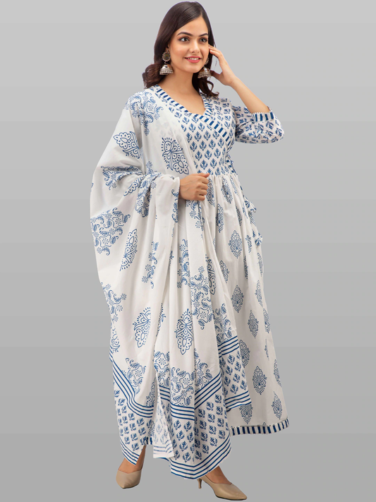 Women White Floral Printed Pure Cotton Kurta Set