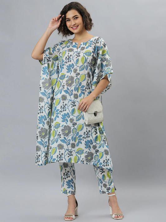 Women White Floral Printed Cotton Kurta Set