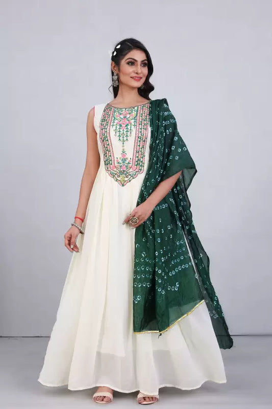 Women White Georgette Anarkali Kurta and Shawl