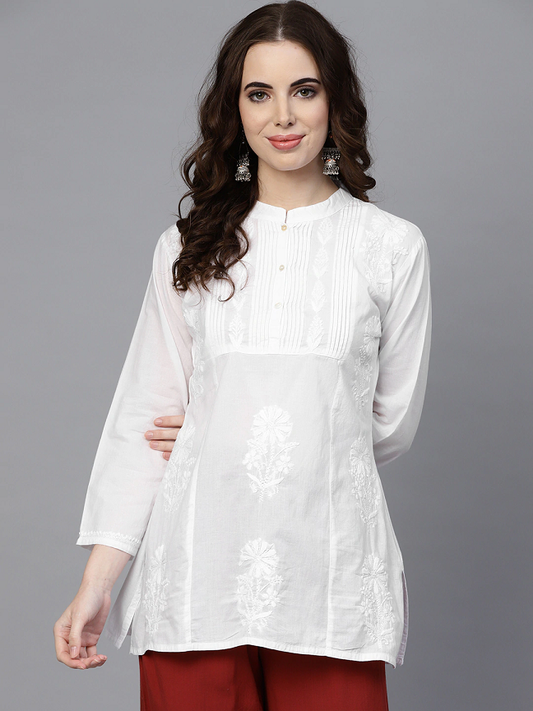 Women White Handloom Chikankari Embroidered A-Line Kurti