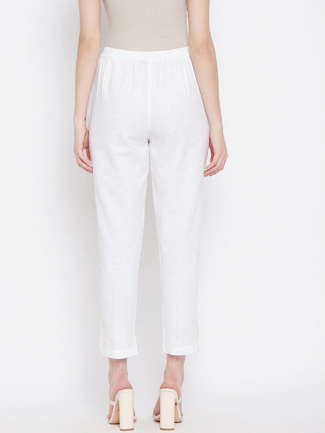 Women White Solid Cotton Trousers