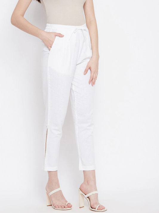 Women White Solid Cotton Trousers