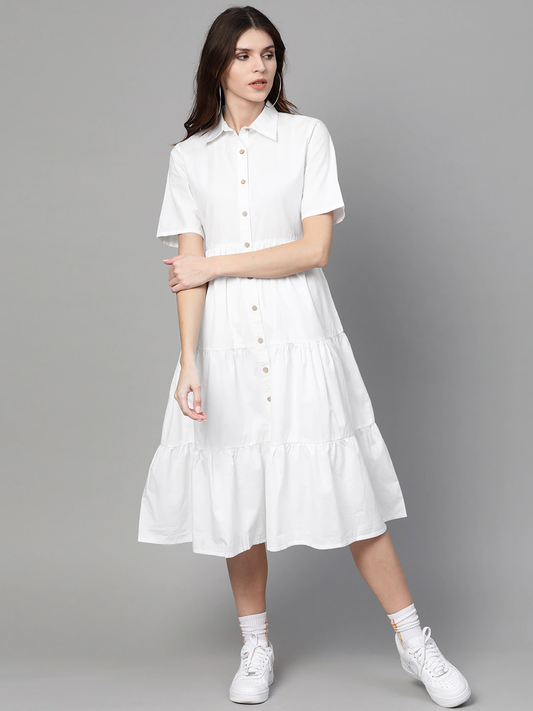 Women White Solid Shirt Dress