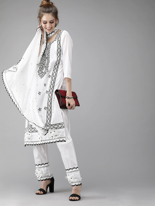 Women White & Black Embroidered Kurta Set