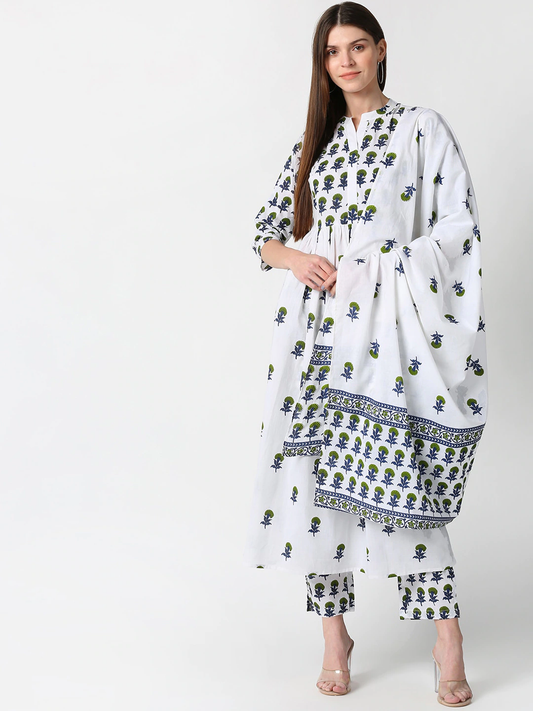 Women White & Blue Ethnic Printed Pure Cotton Kurta Sets