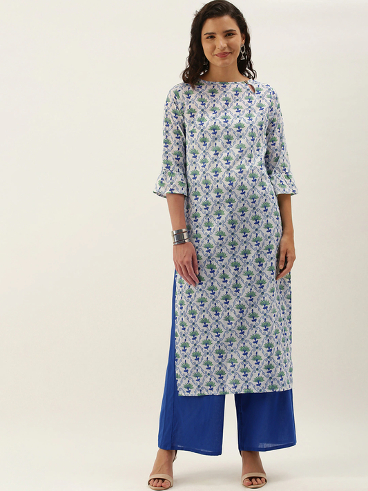 Women White & Blue Cotton Kurta Set