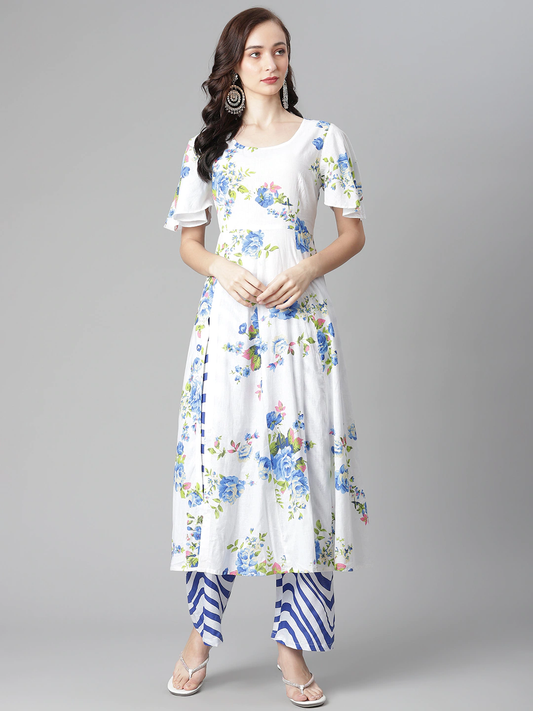 Women White & Blue Floral Cotton Kurta Set