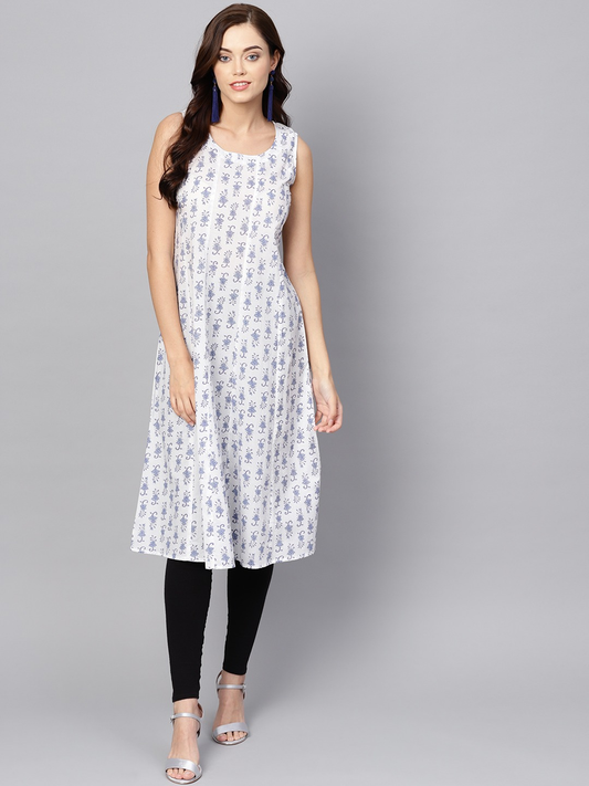 Women White & Blue Printed A-Line Kurta