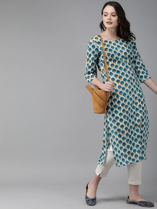 Women White & Blue Straight Kurta