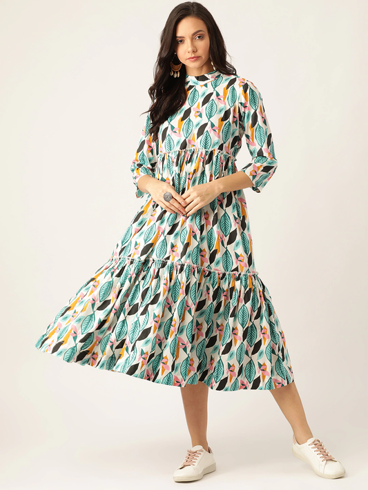 Women White Leaf Printed Tiered A-Line Dress