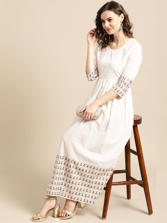 Women White & Golden Printed Maxi Dress