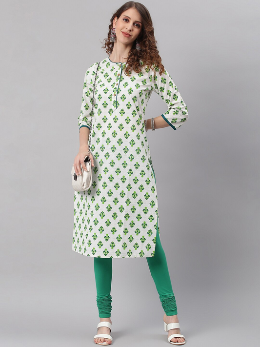 Women White & Green Floral Kurta