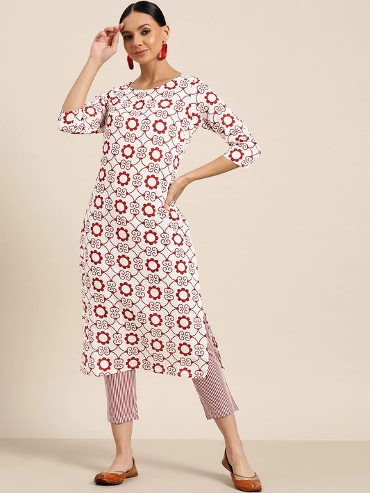 Women White & Maroon Ethnic Motifs Printed Kurta Set
