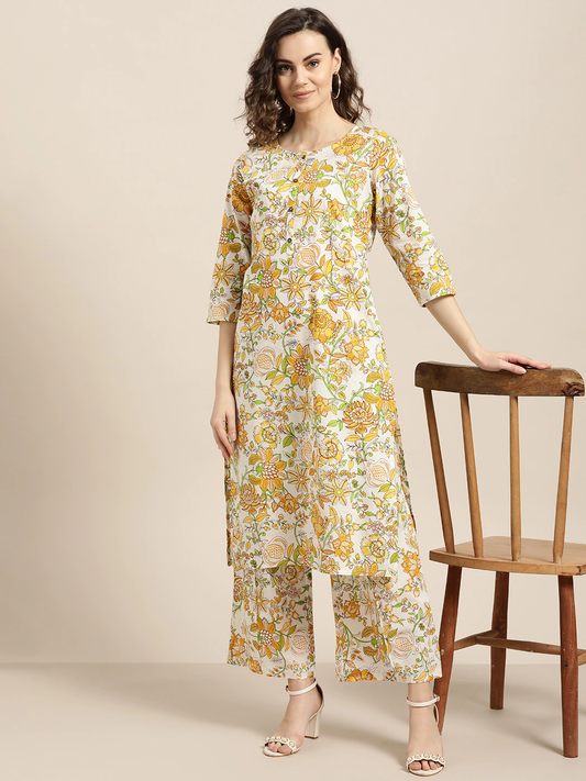 Women White & Mustard Yellow Kurta Set