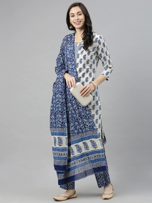 Women White & Navy Blue Kurta Set