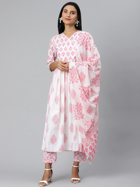 Women White & Pink Ethnic Kurta Set