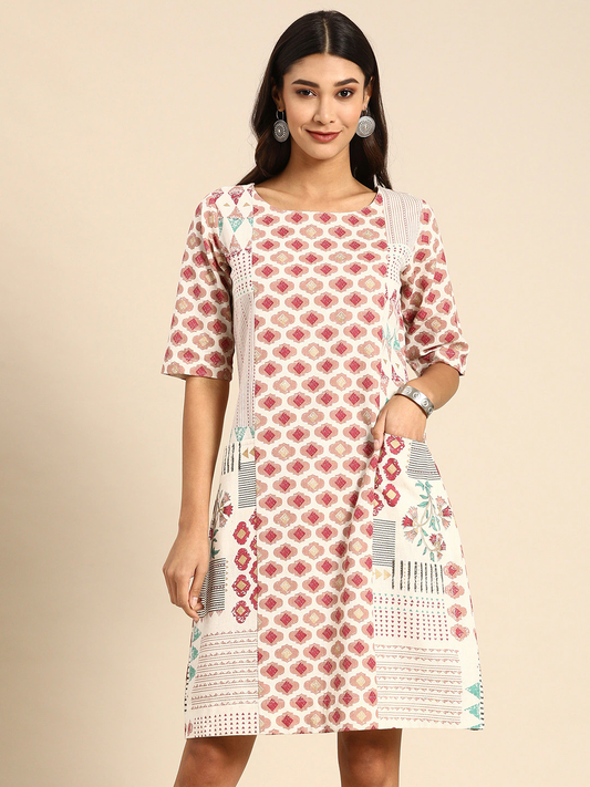 Women White & Pink Printed A-Line Dress