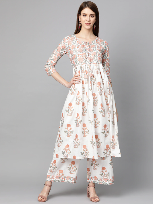 Women White & Pink Kurta Set