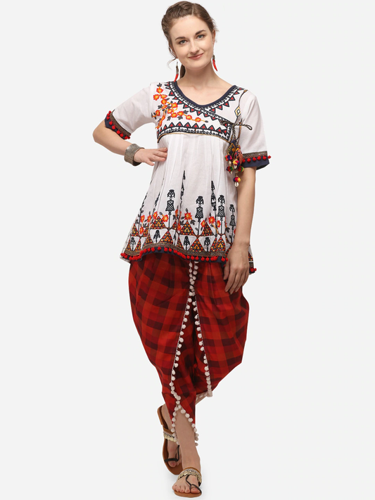 Women White & Red Organic Cotton Kedia Set