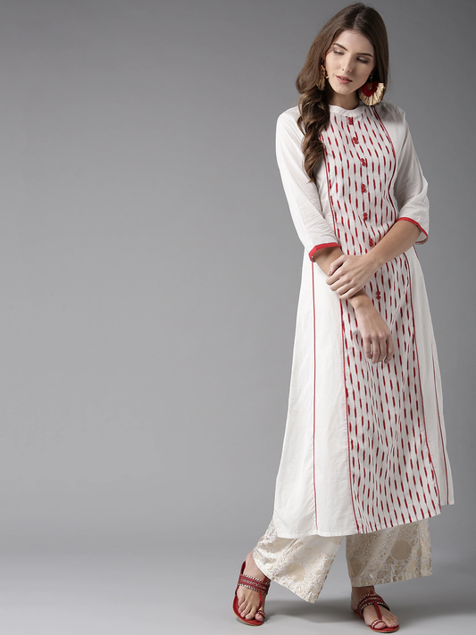 Women White & Red A-Line Kurta