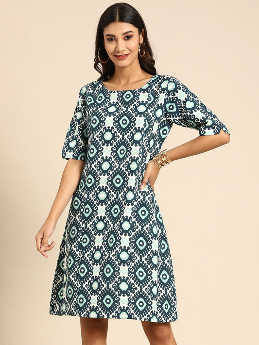 Women White & Teal Blue Printed A-Line Dress